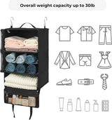 Hangende plankstof met 3 compartimenten, Kofferorganizer Hangend, Opvouwbare Garderobeorganizer Hangend, Draagbare Reisplank, Zwarte Bagageorganizer, Draagbare Hangende Reisorganisator