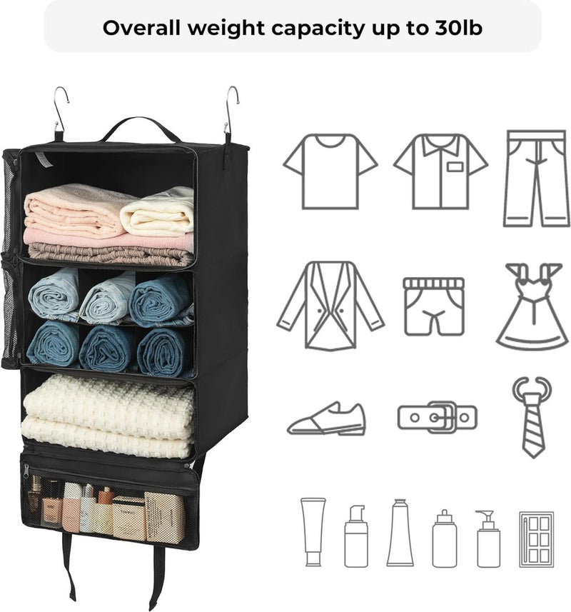 Hangende plankstof met 3 compartimenten, Kofferorganizer Hangend, Opvouwbare Garderobeorganizer Hangend, Draagbare Reisplank, Zwarte Bagageorganizer, Draagbare Hangende Reisorganisator