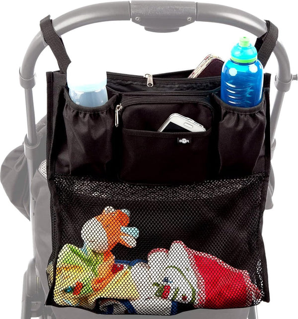 Slimline Buggy en kinderwagen organizer met boodschappennet. Uniforme pasvorm & waterdicht PLUS 2 kinderwagenclips gratis. Onmisbare kinderwagenaccessoires