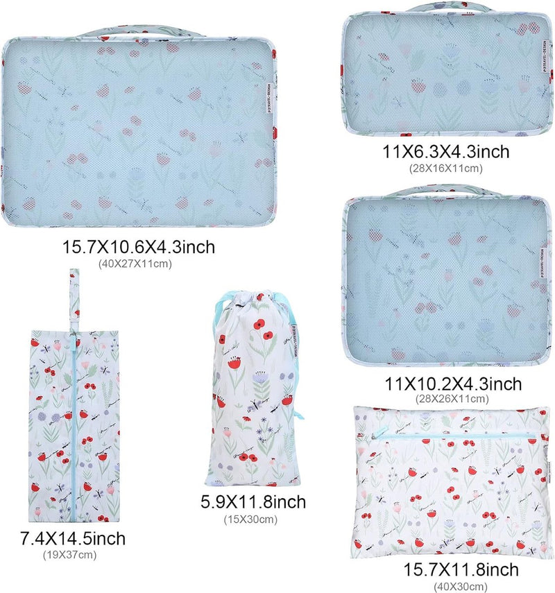 Kledingtassenset, 6 stuks kofferorganizer, reiskubussen, pakzakken voor vakantie en reizen - bloemen