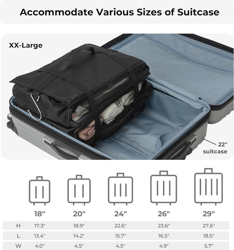 Hangende plankstof met 3 compartimenten, Kofferorganizer Hangend, Opvouwbare Garderobeorganizer Hangend, Draagbare Reisplank, Zwarte Bagageorganizer, Draagbare Hangende Reisorganisator