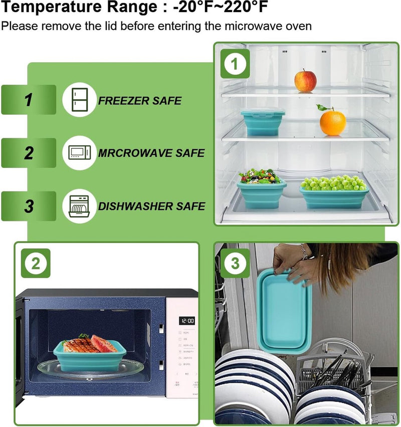 4 stuks opvouwbare siliconen vershouddozen met deksel, luchtdicht, draagbare bento box, plat, stapelbaar om ruimte te besparen, lunchbox, vouwkom voor koelkast, magnetron, vaatwasser