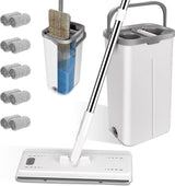 Dweilset met emmer, vloermop 132 cm met telescoopsteel en 10 microvezelmoppads, schoonmaakemmer met wringfunctie en vlakmop, dweilset voor hardhouten laminaattegels, wit