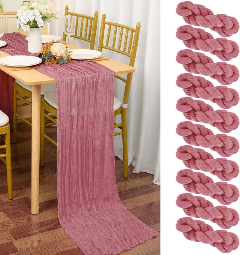 Set van 10 kaasdoek-tafellopers, stoffige roos, 90 x 300 cm, roze rustieke gaasstof, boho-tafelloper, kaasdoek-tafelloper, bruiloftstafelkleed voor bruiloftsfeest, bruidsdouchetafel