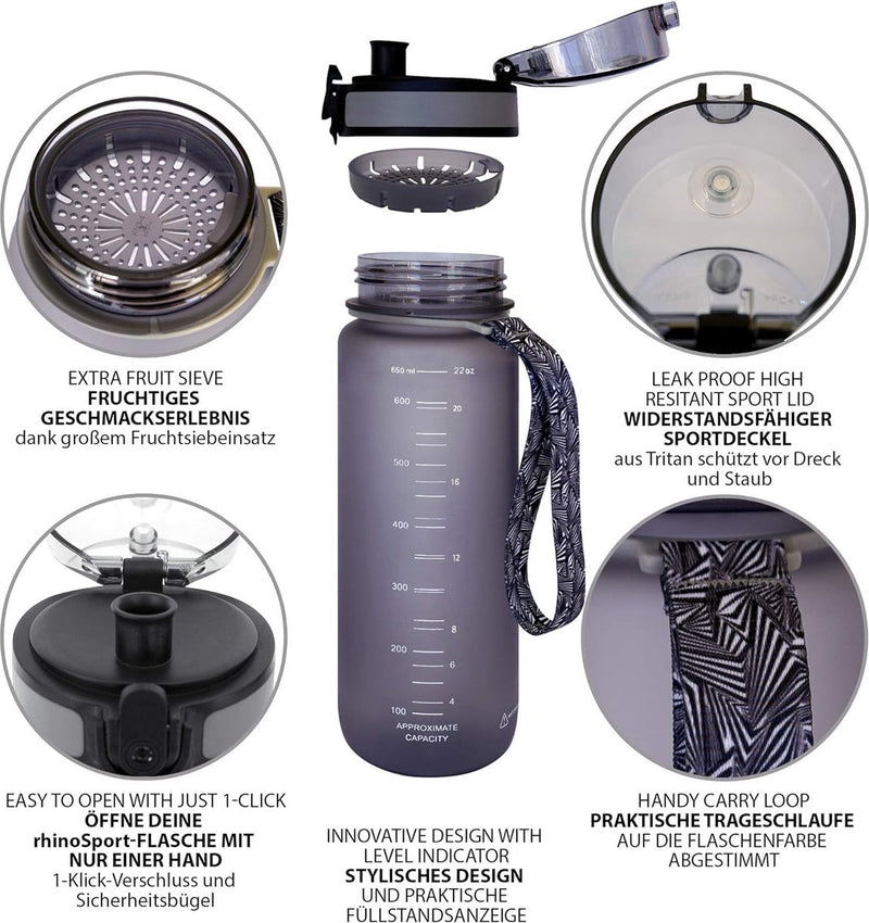 Drinkfles, tijdens sport-, outdoor- en fitnessactiviteiten, ook voor kinderen, waterfles, lekvrij en BPA-vrij, fles geschikt voor koolzuur, inhoud maximaal 1000 ml (1 l)