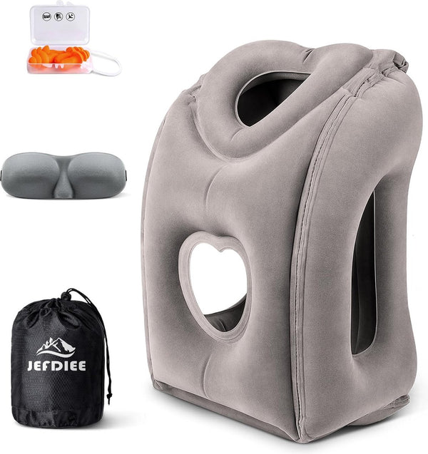 Opblaasbaar nekkussen voor vliegtuigreizen, draagbaar reiskussen, neksteunkussen, comfortabel ondersteunt hoofd en kin, kussen voor treinen, auto's, kantoor, huis (hogere versie, grijs)