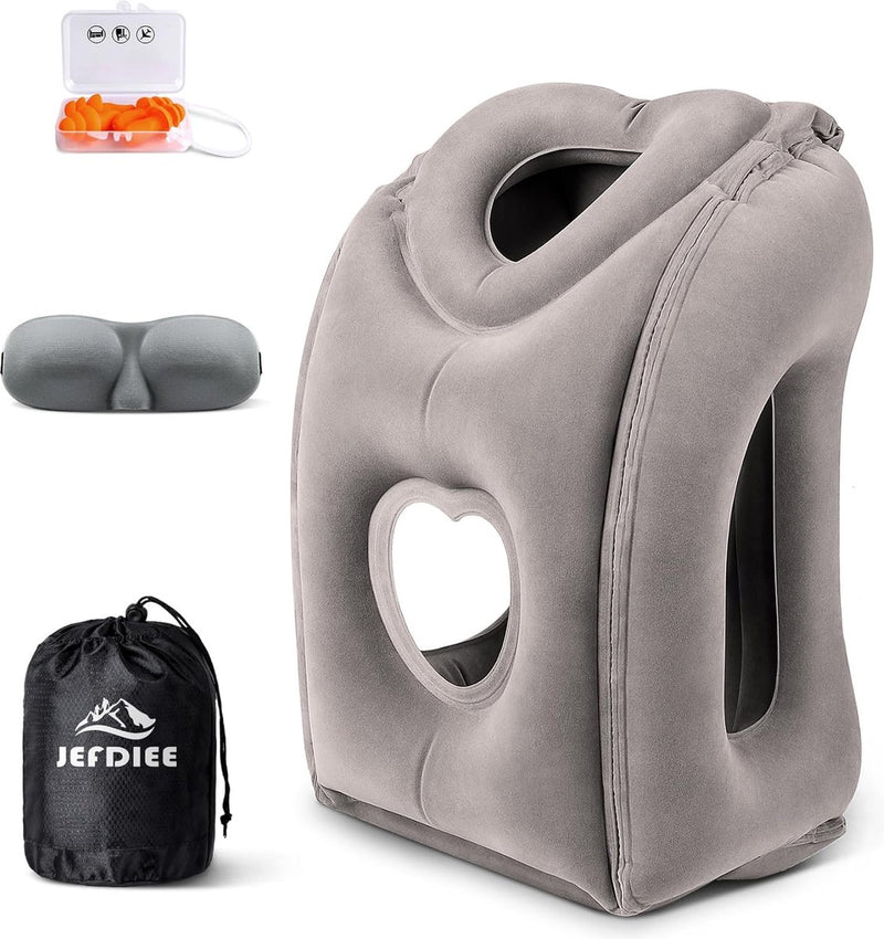 Opblaasbaar nekkussen voor vliegtuigreizen, draagbaar reiskussen, neksteunkussen, comfortabel ondersteunt hoofd en kin, kussen voor treinen, auto's, kantoor, huis (hogere versie, grijs)