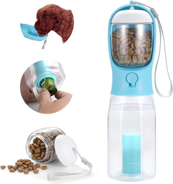 3-in-1 draagbare hondenwaterfles met voedselcontainer, vervangbare afvalzakken, anti-kras mat plastic materiaal, schaalmarkeringen, BPA-vrij (20 oz, blauw) (blauw1)