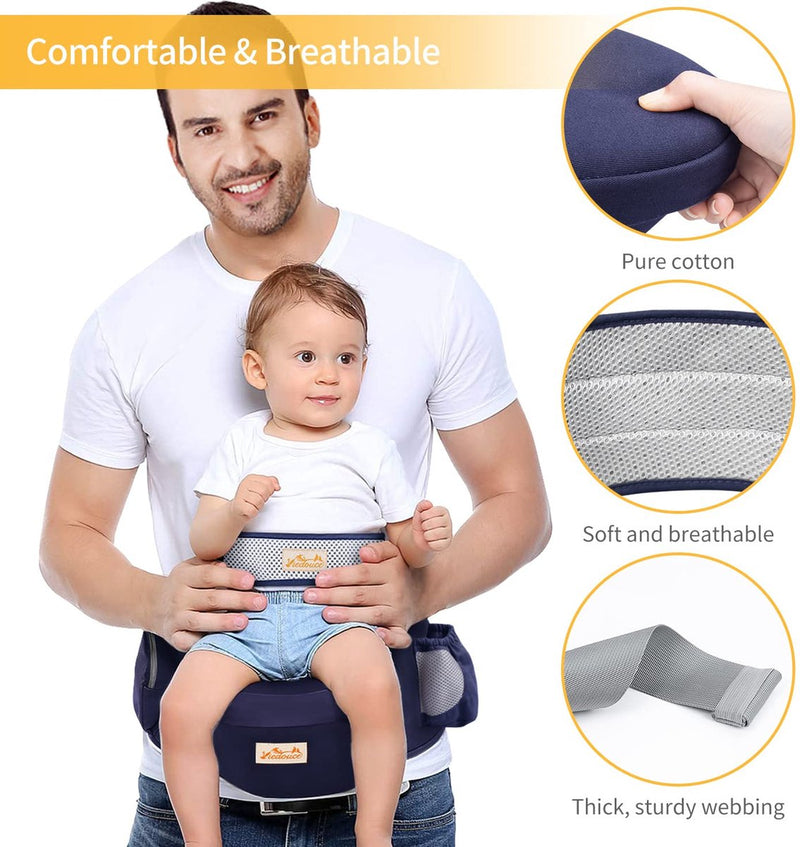 Babyheupzitje, ergonomisch, met veiligheidsgordelbescherming, puur katoen, licht en ademend, ergonomische lichte taille, kruk, baby heupzitje voor 4-36 maanden (donkerblauw)