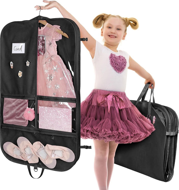 Zwarte kinderkledingzak 101 cm kledinghoes danskostuumtas, 3 middelgrote doorzichtige zakken met ritssluiting en 2 achterzakken met ritssluiting met 1 poppenhanger, 3 badges