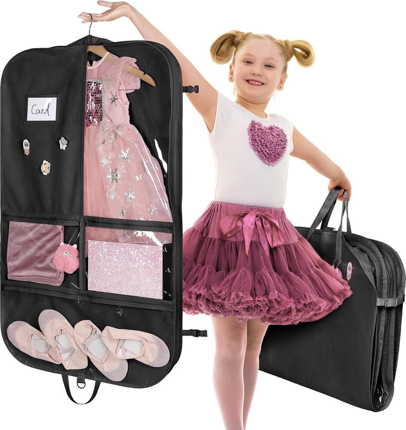 Zwarte kinderkledingzak 101 cm kledinghoes danskostuumtas, 3 middelgrote doorzichtige zakken met ritssluiting en 2 achterzakken met ritssluiting met 1 poppenhanger, 3 badges