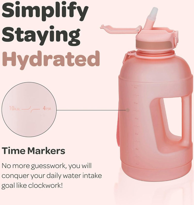 Waterfles met hoes met zakken - 2,3 L waterfles met rietje en handvat - BPA-vrije waterfles met tijdmarkering - Fles lekvrij - Sport- en buitenwaterfles