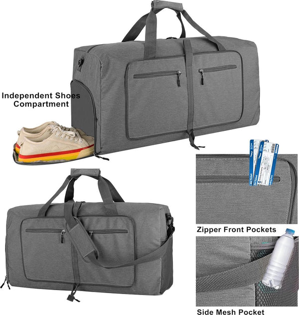 60L reistas grote opvouwbare sporttas heren dames met schoenenvakken waterdichte saunatas reistas voor sport vakantie gym 's nachts, hennepgrijs