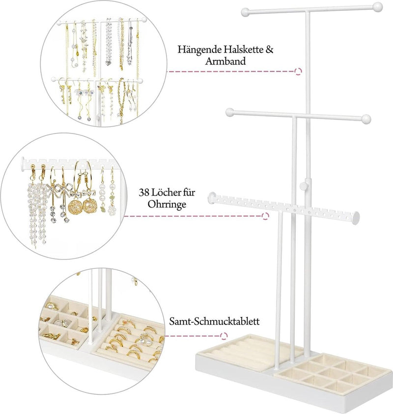 Sieradenstandaard, in hoogte verstelbaar, kettingstandaard, sieradenhouder, sieradenopslag met dienblad, fluwelen doos, kan worden gebruikt als ringhouder, oorbelstandaard, sieradenstandaard,