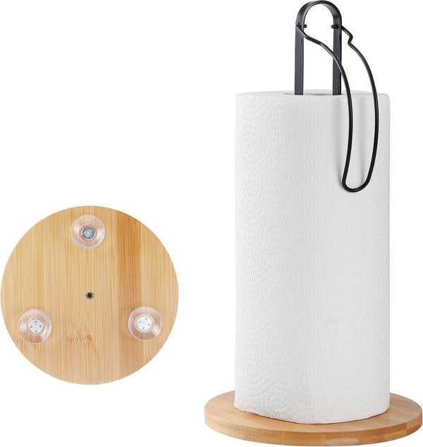 Zwarte houten handdoekrolhouder met bevestiging, papieren handdoekhouder voor werkblad, vrijstaande keukenhanddoekhouder met antislip houten voet