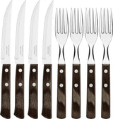 Steakbestek Pizzabestek, 8-delige set, voor 4 personen, steakbestekset, roestvrij staal, FSC-gecertificeerd echt houten handvat, vaatwasmachinebestendig