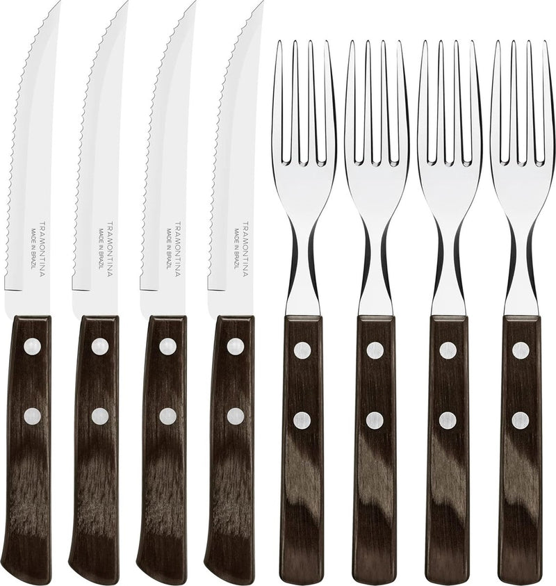 Steakbestek Pizzabestek, 8-delige set, voor 4 personen, steakbestekset, roestvrij staal, FSC-gecertificeerd echt houten handvat, vaatwasmachinebestendig