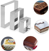 Rechthoekig bakframe, 3 stuks, taartvorm, rechthoekig, taartringset, 10/15/20 cm, roestvrij staal, bakvorm, hoekigring, hoog, 4 cm, voor meerlaagse cakes, gebak, moussecake
