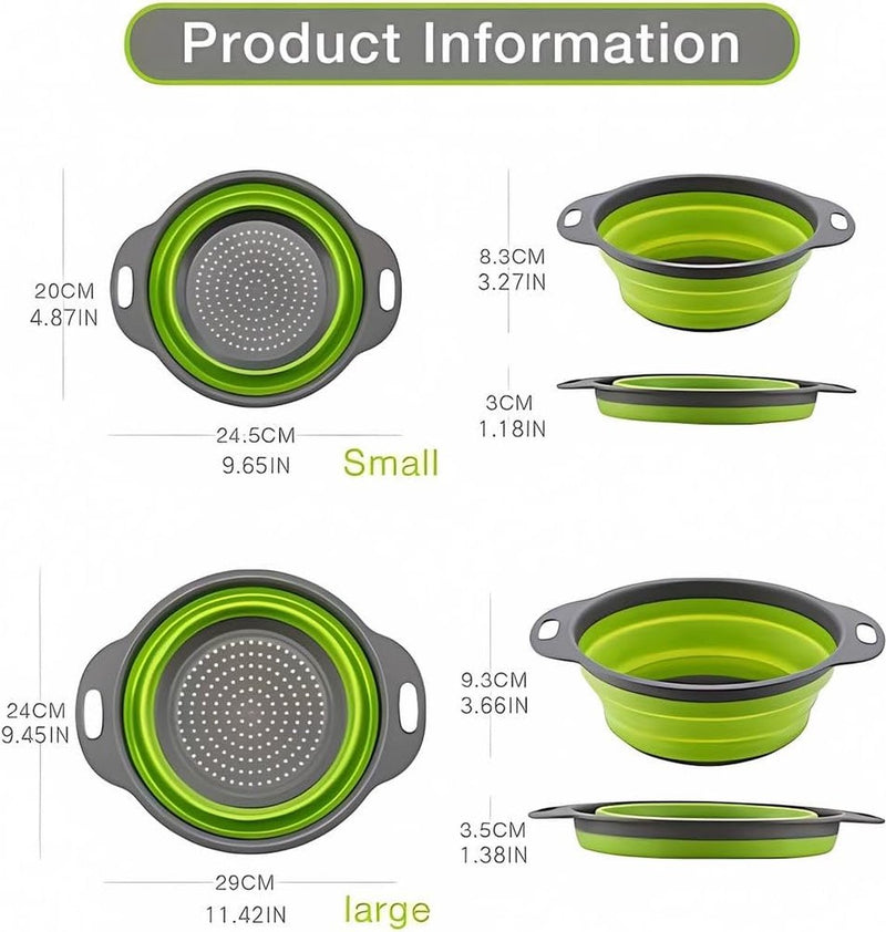 Opvouwbare zeef, keukenzeef, siliconen, inklapbare vergiet noedelzeef, keukenzeef, afwasbak van pasta, fruit, groenten, 2 maten (24,5 + 29,2 cm) (groen)