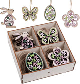 Set van 24 voorjaarsdecoratie hangers vlinders hazen eieren bloemen lente hanger van hout om op te hangen raamdecoratie raamhanger voor Pasen