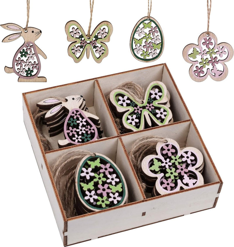 Set van 24 voorjaarsdecoratie hangers vlinders hazen eieren bloemen lente hanger van hout om op te hangen raamdecoratie raamhanger voor Pasen