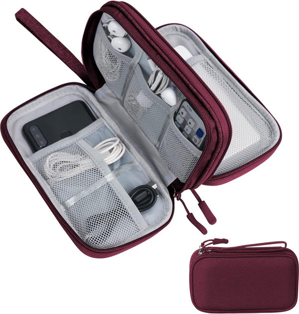Kabeltas, organizer, kabelorganizer, tas, kabeltas, kleine kabelorganizer, dubbele kabeltas voor elektronische accessoires, USB-powerbank, SD-kaart, oplaadkabel, rood
