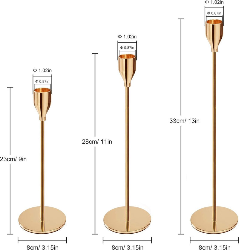 Kaarshouder, kaarshouder, gouden kaarslicht taper kaars, decoratieve kaarshouder van hoog metaal voor feest, bruiloft, diner, kerstdecoratie, 3 stuks