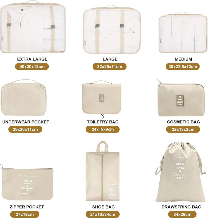 9-delige kofferorganizerset voor vakantie en reizen, packing cubes, reisorganizer, packing cubes, kledingtassen, kofferorganizer voor vakantie en reizen - beige