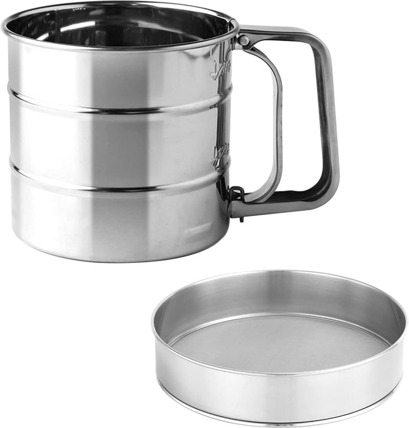 Eenhandsmeelzeef, roestvrijstalen bakzeef, meelzeef, poedersuikerzeef, meelzeef, fijne zeef van roestvrij staal, keukenzeef, roestvrijstalen shaker voor meel, rijst, granen, bonen, fruit