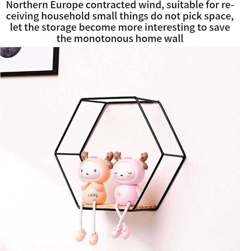 Set van 3 hexagon wandplanken, hangrek, metaal en hout, zwevend rek, wandopslag, organizer voor keukenrek, badkamer, slaapkamer, wanddecoratie (zwart)