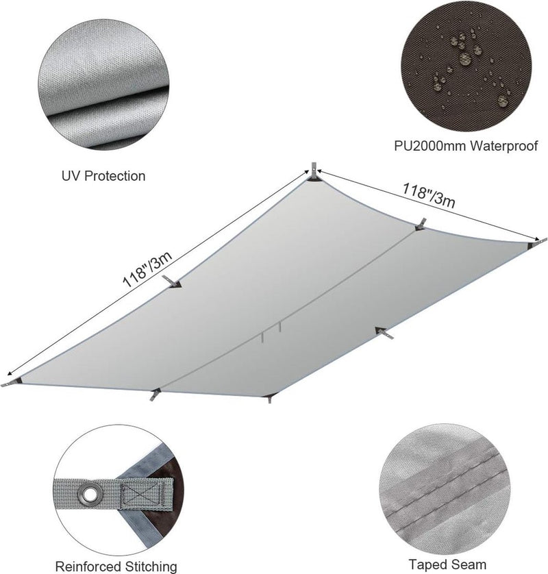 Camping tentzeil, 3 m x 3 m, waterdicht, voor hangmat, met 6 haringen en 6 touwen, anti-uv-regen, zonbescherming, licht, compact grondzeil, picknickdeken, hammock, voor buiten, camping, herbruikbaar