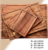 Premium houten snijplankenset van 4 (40x30, 33x24, 27x18, 21x15 cm) I van robuust acaciahout I inclusief plankenstandaard I houten keukenplank I dikke snijplanken met sapgleuf I snijplankenset