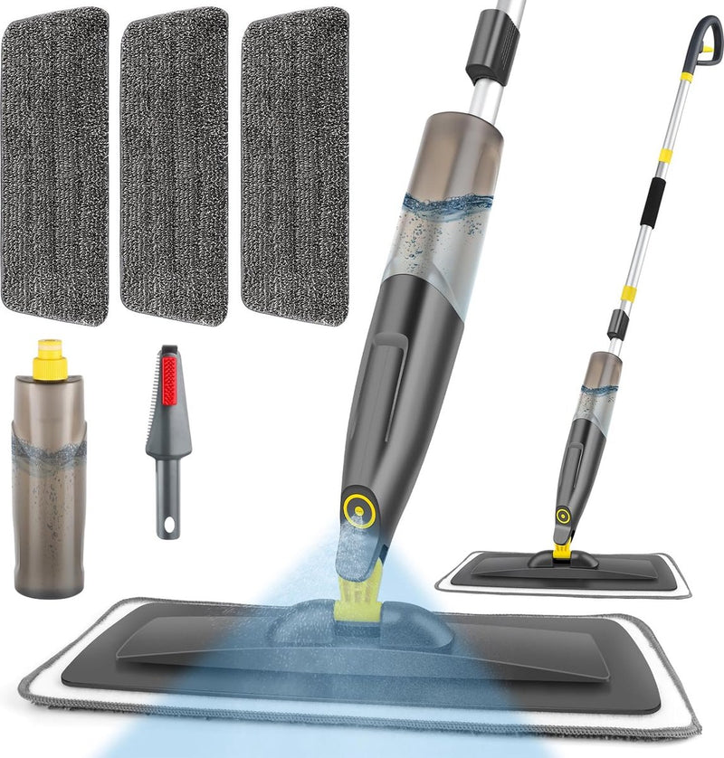 Vloerwisser met sproeifunctie, 500 ml navulbare watertank, sproeiwisser voor snelle reiniging met 3 wasbare microvezelhoezen, grijs sproeimop