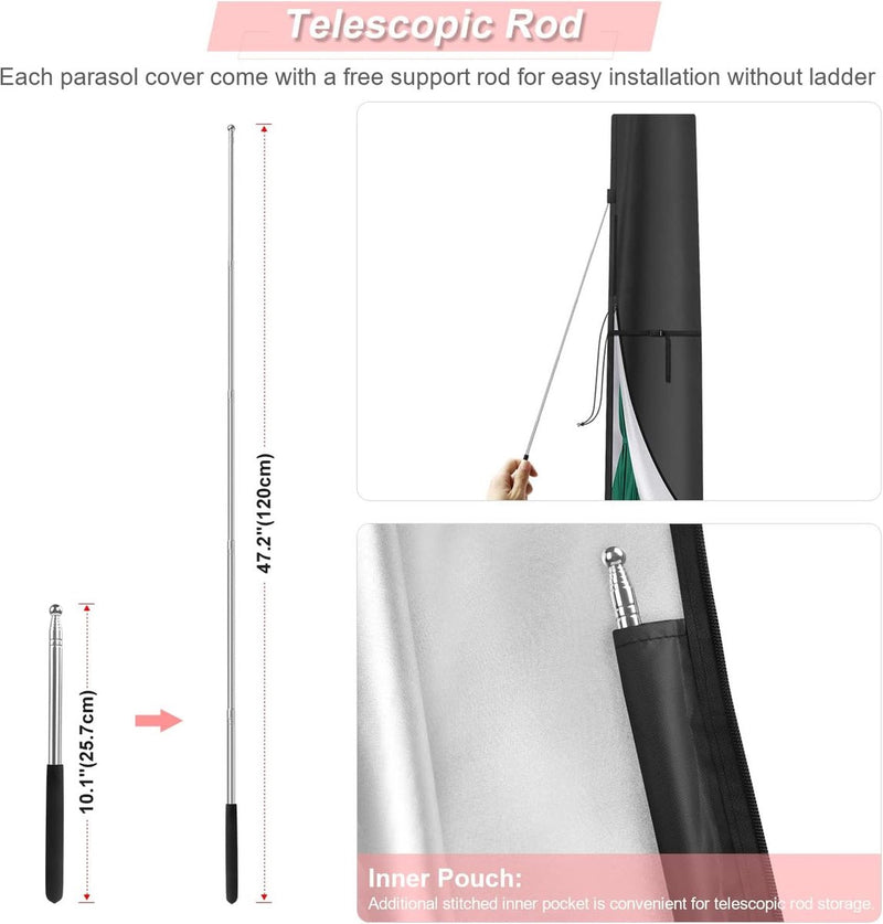 Beschermhoes voor parasol, zweefparasol, beschermhoes voor 3m-5m, parasol, afdekking, waterdicht, met stang voor 300 cm, 400 cm, 500 cm, zweefparasol, standaard, 280 x 50/60 cm