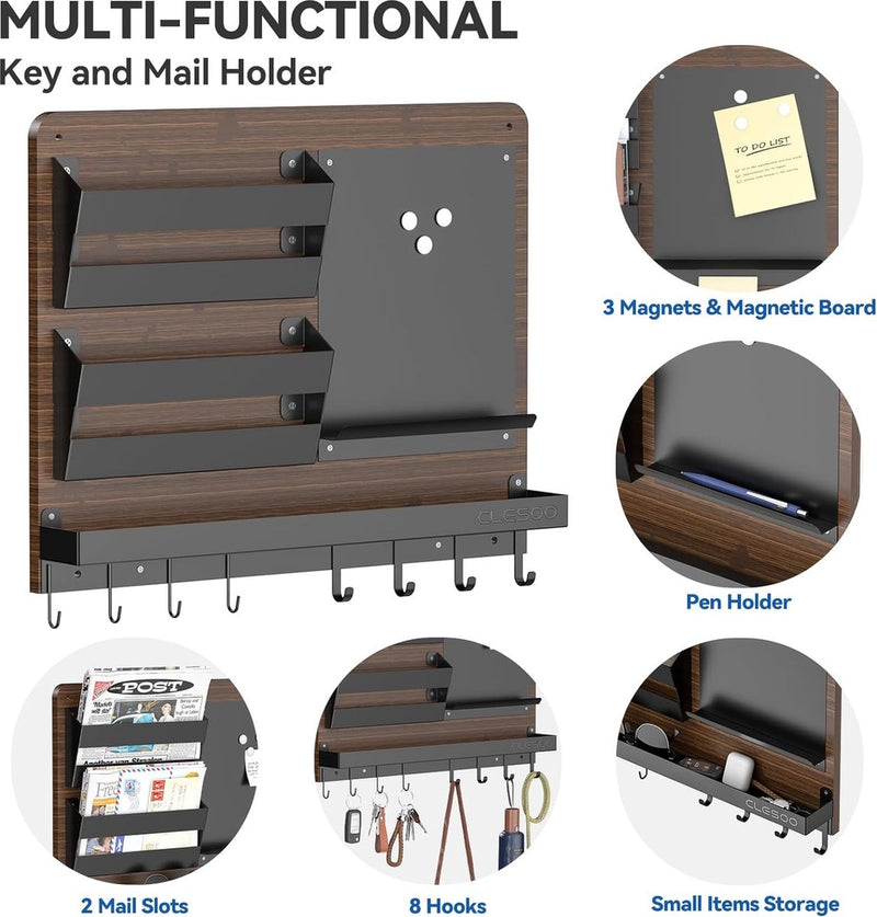 Sleutelrek met plank en brievenhouder, 8 sleutelhouders, wandbrievenbakje met 2 posthouders, memobord- sleutellijst, sleutelbord, decoratie, sleutelhaken voor verbindingsgang gang