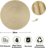 Set van 6 ronde gevlochten placemats, afwasbaar, goud, rond, wasbaar, hittebestendig, voor Kerstmis, bruiloft, feest, keuken, decoratie, 38 cm