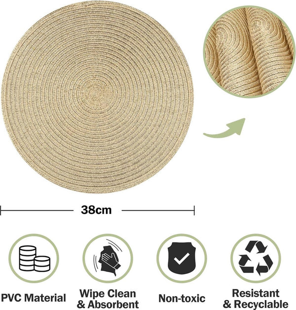 Set van 6 ronde gevlochten placemats, afwasbaar, goud, rond, wasbaar, hittebestendig, voor Kerstmis, bruiloft, feest, keuken, decoratie, 38 cm