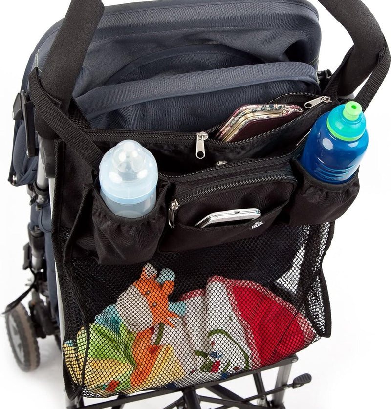 Slimline Buggy en kinderwagen organizer met boodschappennet. Uniforme pasvorm & waterdicht PLUS 2 kinderwagenclips gratis. Onmisbare kinderwagenaccessoires