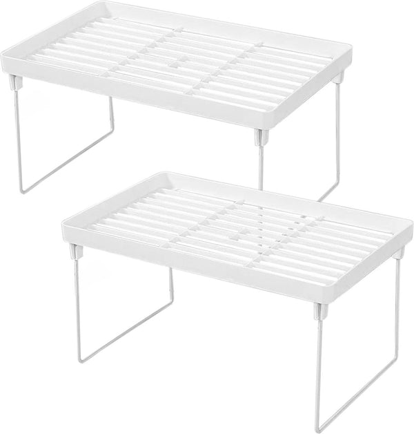 Set van 2 kleine planken, desktop-organizer, staand rek, stapelrek, plankinzet, kunststof met inklapbare metalen poten, kruidenrek voor kantoor, badkamer, keuken, opbergplanken, organisatie,