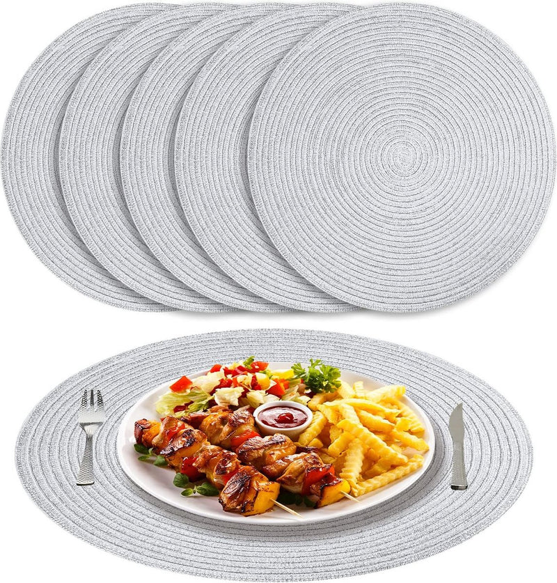 Placemats rond zilver gevlochten placemats set van 6 hittebestendige tafelsets wasbaar voor keuken diner 38 cm