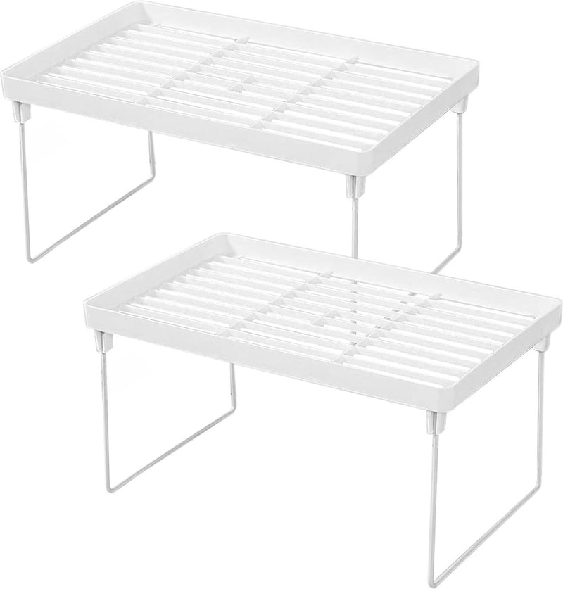 Set van 2 kleine planken, desktop-organizer, staand rek, stapelrek, plankinzet, kunststof met inklapbare metalen poten, kruidenrek voor kantoor, badkamer, keuken, opbergplanken, organisatie,
