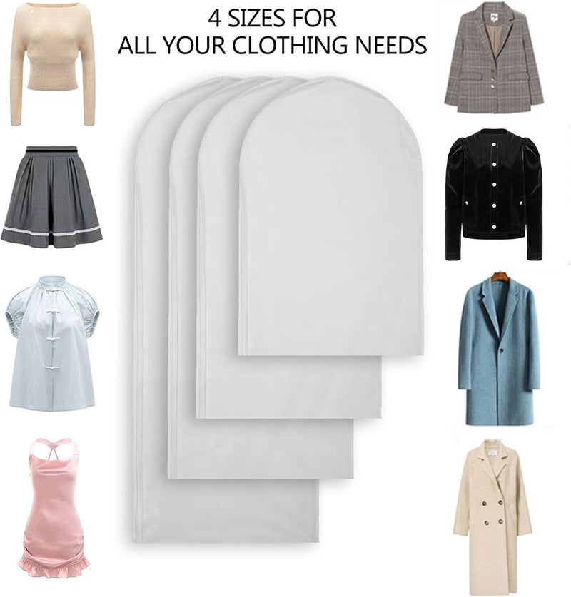 12 stuks kledingtassen, 60 x 80/100/120/140 cm, witte rand, doorschijnende kostuumtas, kledinghoes, kostuumtas, avondjurk, trouwjurk, jassen, overhemden, stof- en waterdicht