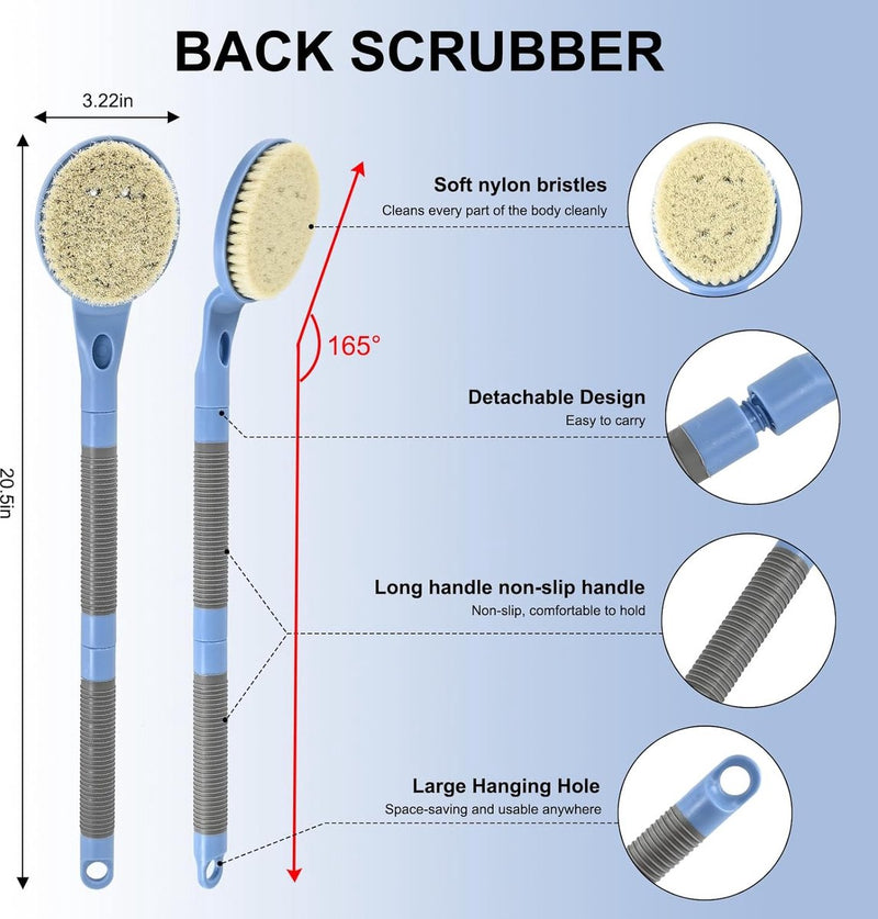 Rugborstel met lange handgreep voor douche, 22" badborstel voor douche, rugschrobber, exfoliatie en verbeterde huidgezondheid voor ouderen met beperkte armbeweging