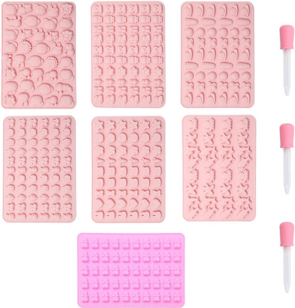 7 stuks siliconen chocoladevormen met 3 stuks pipetten, snoep, siliconen vormen, gummibeertjes, vorm, siliconen, chocoladevorm, ijsblokjesvormen voor doe-het-zelf chocolade, snoep