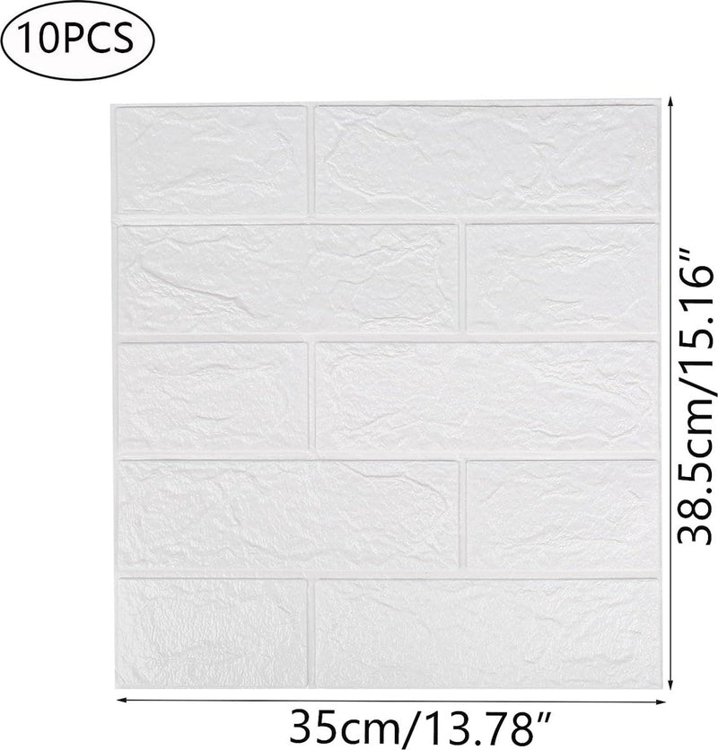 10 stuks 3D-baksteenbehang, zelfklevende wandpanelen, 38,5 x 35 cm, wit baksteenpatroon, muurstickers, voor badkamer, slaapkamer, woonkamer, balkon, keuken