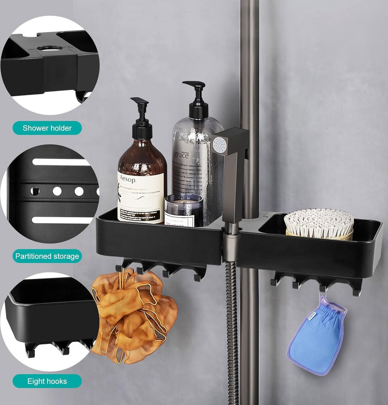 Doucheplank om op te hangen, zwart, doucheplank zonder boren, telescopisch, doucherek met 2 douchemandjes om op te hangen, ruimtebesparende doucheplank, roestvrij staal, douchestang-opbergrek voor 18