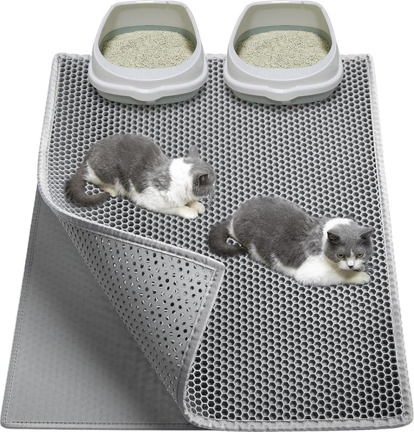 Kattenbakmat, 90 x 76 cm EVA waterdichte kattenbak, kattenmat met honingraatmotief, dubbellaags ontwerp honingraat, kattenbak, grijs, 1 zijde verbonden