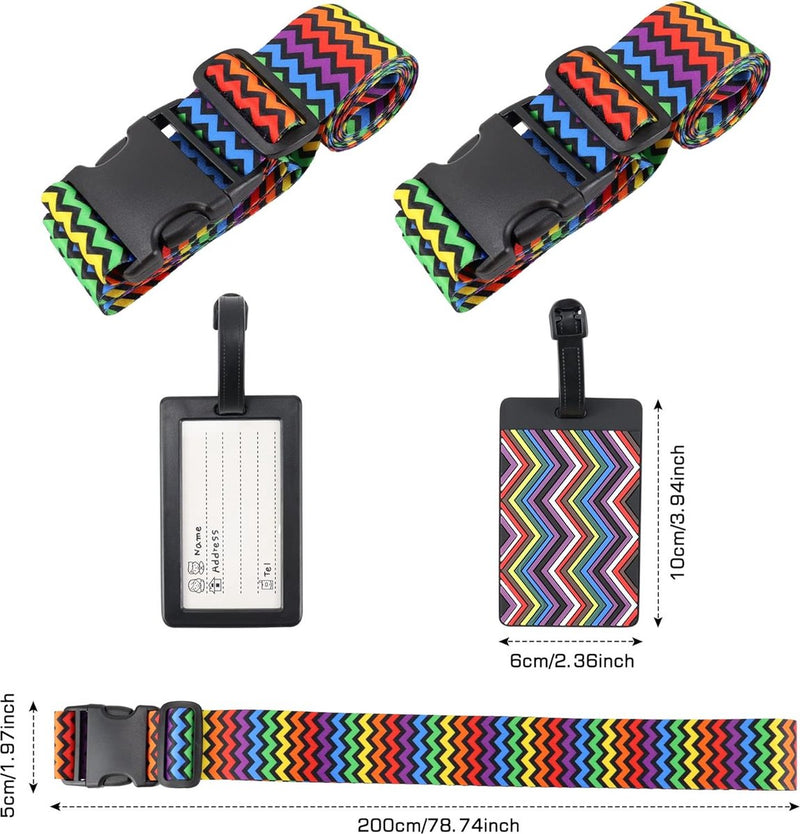 2 stuks kofferriem met 2 bagagelabels, kofferband, riem, kleurrijk, bagageriem, reisaccessoires, suitcase riem, verstelbare multifunctionele bagageriem voor koffer, riem, kofferriem, golf