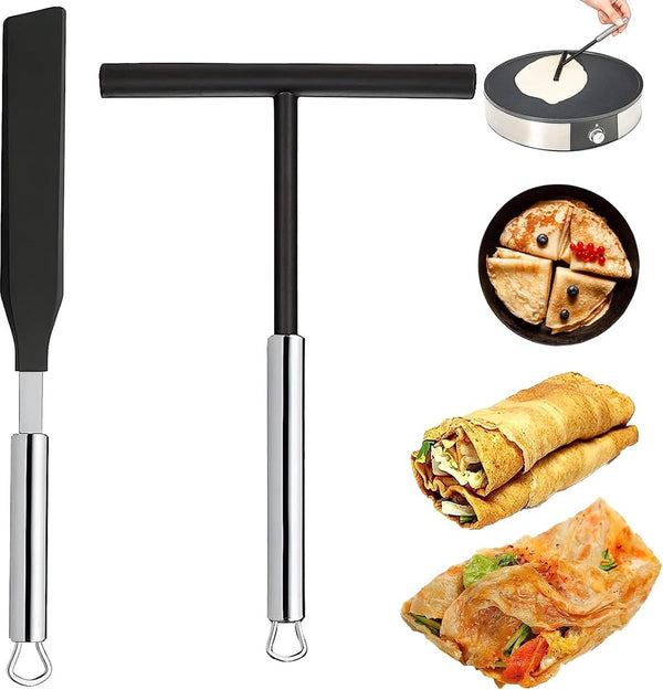 2-delige roestvrijstalen deegverdeler, T-vormige crêpes-distributeur, crêpes-distributeur, roestvrij staal voor pannenkoeken, pannenkoeken, omeletten, voor thuis, keuken, bakken, koken, bakgereedschap