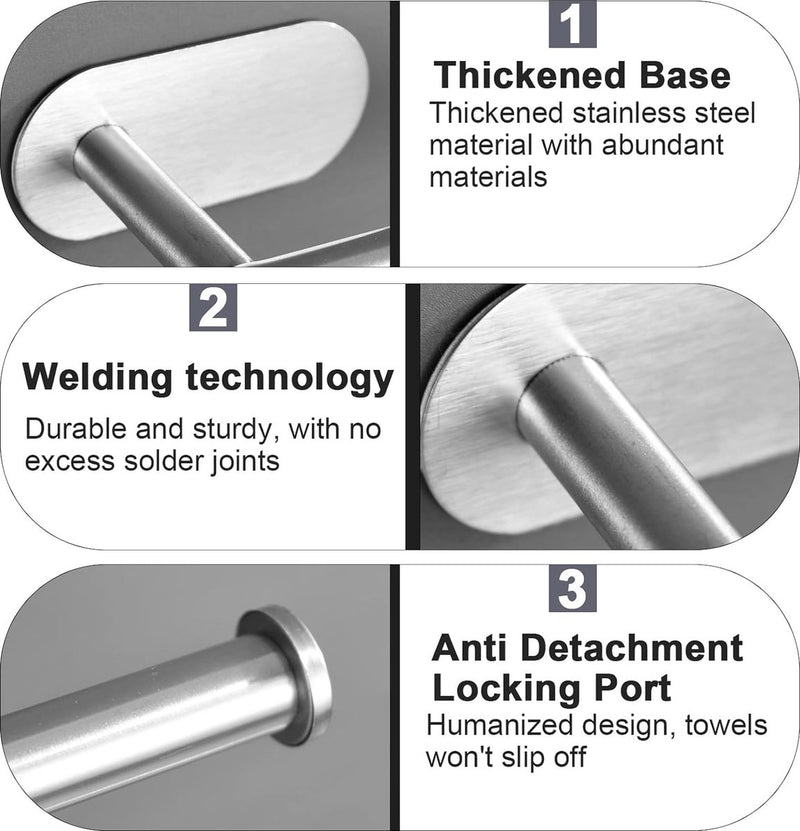 Handdoekhouder zonder boren, zilver 304 handdoekhouder, geborsteld roestvrij staal, uittrekbare handdoekstang om te plakken, voor badkamer en keuken, 23 tot 38 cm